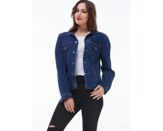 Rivet Button Regular Western Single-Breasted Pocket Print Denim Jacket