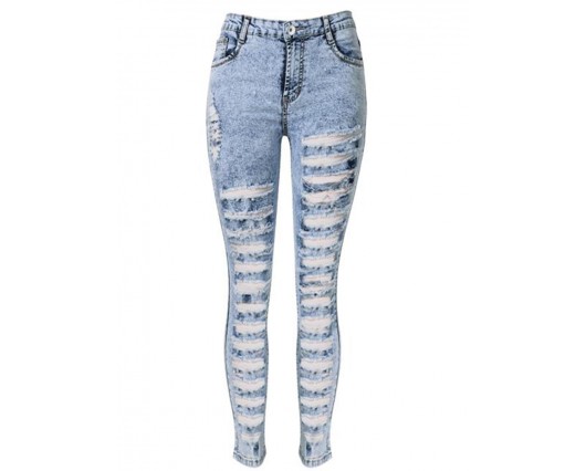 Fall Spandex Button Patchwork Washable Hole Full Length High-Waist Jeans