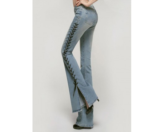 Washable Button Denim Lace-up Bellbottoms Plain Pocket Jeans