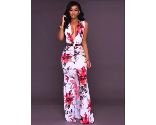 Single Ankle-Length Floral Sleeveless Zipper Print V-Neck Bodycon Dress （BELT NOT INCLUDED）