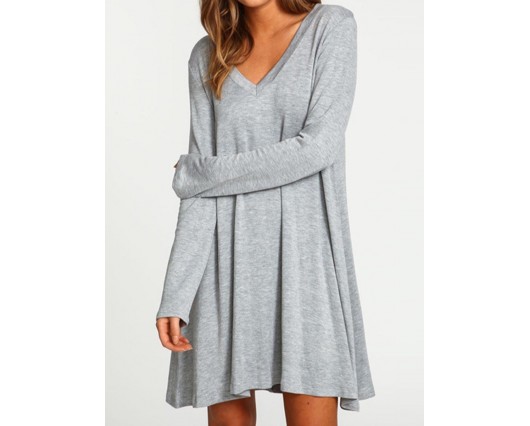 V-Neck Above Knee Regular Single Long Sleeve Pullover Plain Fall Dress