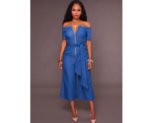 Backless Zipper Lace-up Plain Mid-Calf Patchwork Wide Legs Denim Jumpsuits