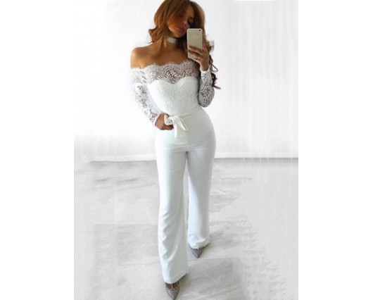 Full Length Lace Backless High-Waist Hollow Bellbottoms Plain Jumpsuits