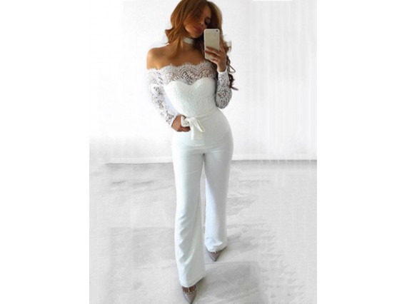 Full Length Lace Backless High-Waist Hollow Bellbottoms Plain Jumpsuits