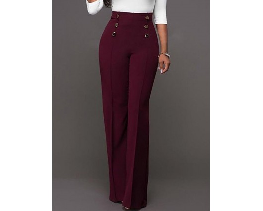 Summer Bellbottoms Patchwork High-Waist Polyester Full Length Plain Button Casual Pants