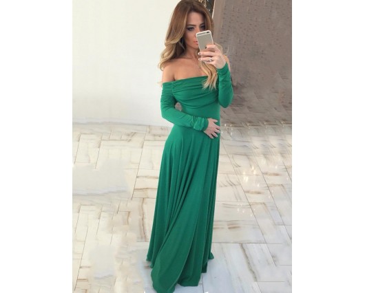 Slash Neck Pleated Long Sleeve Plain Dress