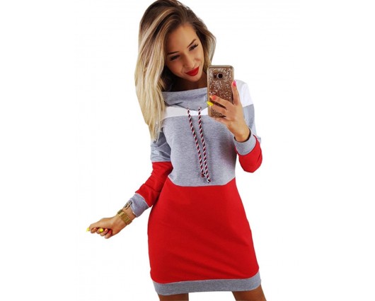 Regular Pullover Patchwork Long Sleeve Spring Winter Hooded Color Block Dress