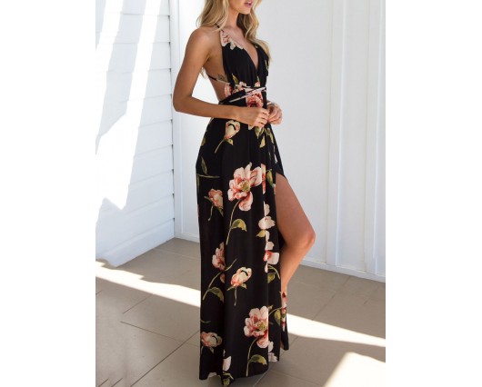 V-Neck Floral Lace-up Sleeveless Backless Print Dress