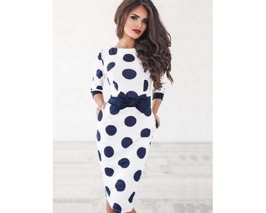 High-Waist Bowknot Polka Dots Three-Quarter Sleeve Dress