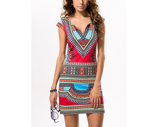 Above Knee Cap Sleeve Print V-Neck Dress