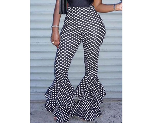 Plain Bellbottoms Summer High-Waist Full Length Polka Dots Pleated Print Casual Pants