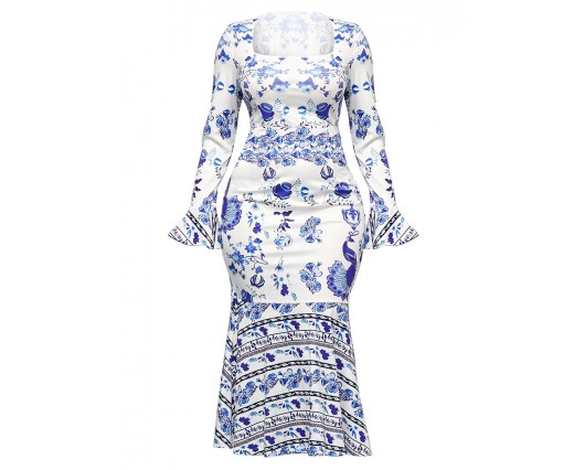 Ankle-Length Long Sleeve Print Floral Square Neck Mermaid Dress