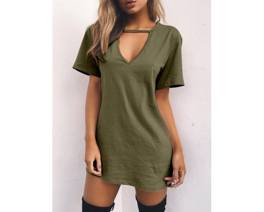 Short Sleeve Plain V-Neck Mid-Length Loose Dress