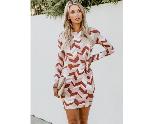 Geometric Round Neck Long Sleeve Above Knee Elegant Patchwork Single Fall Dress