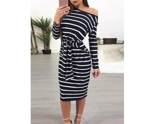 Stripe Long Sleeve Fall Knee-Length Standard-Waist Lace-up Pullover Single Dress