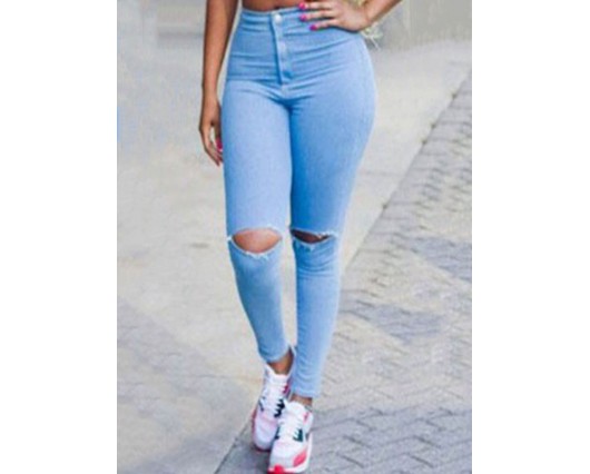 Plain Pencil Pants Patchwork Button Pocket Fall High-Waist Hole Jeans