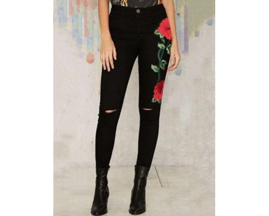 Thin Full Length Button Fall Mid-Waist Washable Embroidery Floral Jeans