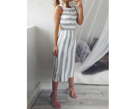 Stripe High-Waist Mid-Calf Wide Legs Color Block Summer Simple Thin Jumpsuits