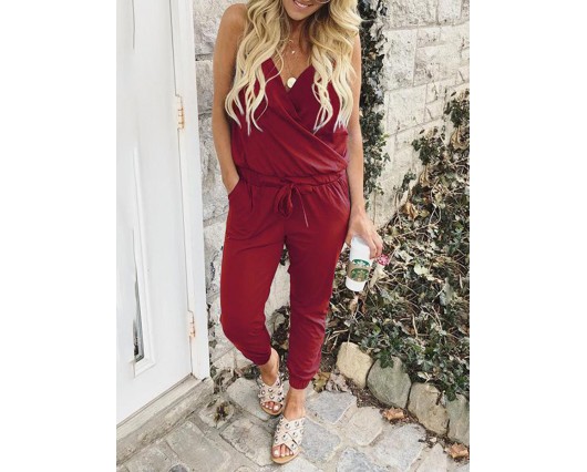 Ankle Length Casual Plain Mid-Waist Thin Western Fall Lace-up Jumpsuits