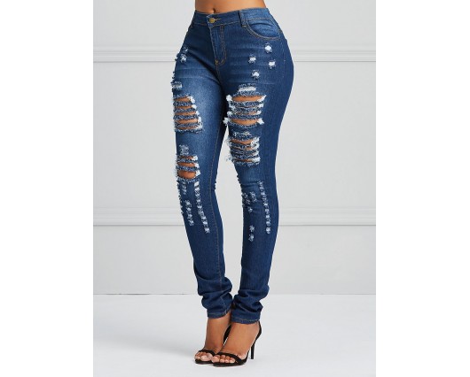 Plain Western Full Length Stretchy Spandex High-Waist Hole Pocket Jeans