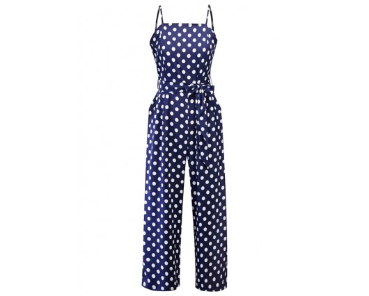 Polka Dots Strap Full Length Vintage Print Polyester Straight Slim Jumpsuits