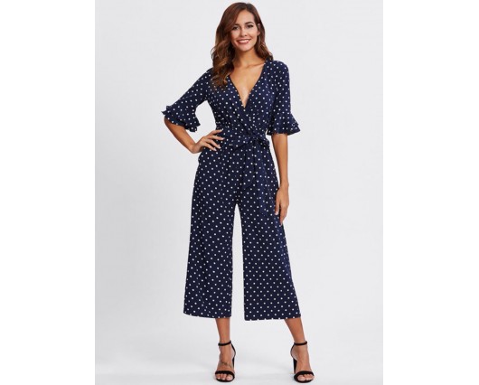 Polka Dots Western Wide Legs Falbala Office Lady Summer Mid-Calf Thin Jumpsuits