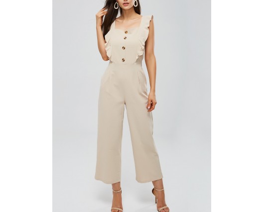 Thin Button Wide Legs Plain Summer Falbala Mid-Waist Ankle Length Jumpsuits