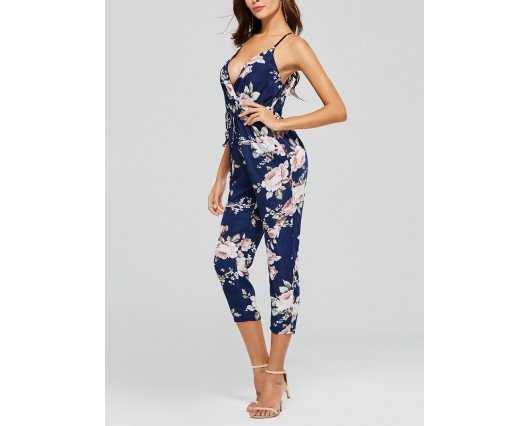 Pencil Pants Polyester Ankle Length Print Floral Backless Western Slim Jumpsuits