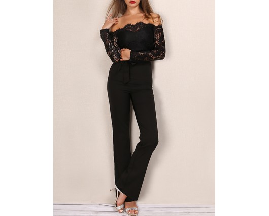 Bowknot Full Length Lace Sexy Plain Summer Backless Hollow Jumpsuits