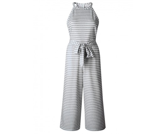 Full Length Polyester Pocket Stripe Color Block Western Lace-up Wide Legs Jumpsuits