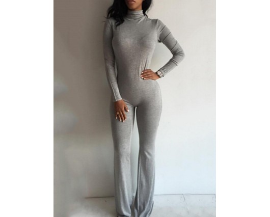 Plain Milk Fiber Full Length Mid-Waist Zipper Bellbottoms Patchwork Fall Jumpsuits