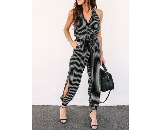 Stripe High-Waist Winter Summer Worn Hole Elegant Full Length Jumpsuits