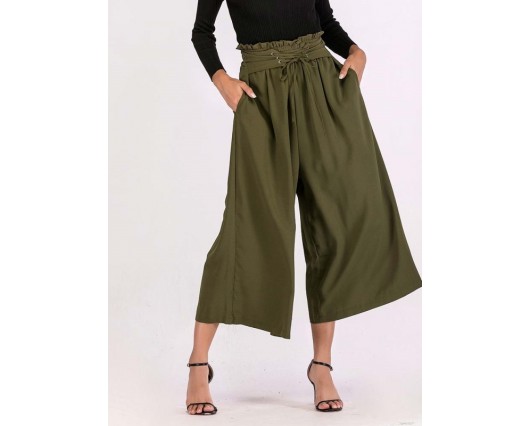 Pocket Stringy Selvedge Western Lace-up Plain Wide Legs Ankle Length Loose Casual Pants