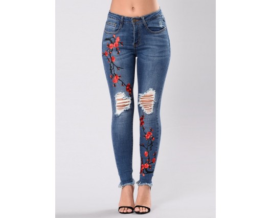 Full Length Summer Floral Embroidery Western Mid-Waist Pencil Pants Hole Jeans