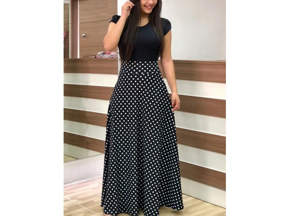 Short Sleeve Patchwork Pullover Floor-Length Polka Dots A-line Dress