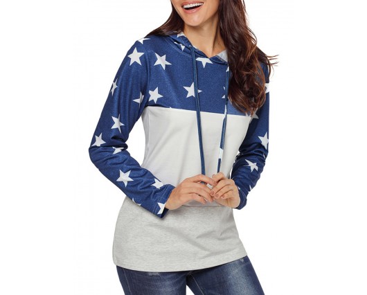 Star Hooded Single Pullover Long Sleeve Casual Color Block Mid-Length Hoodies