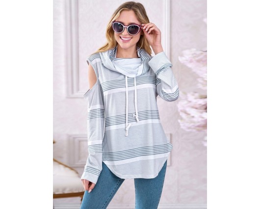 Cotton Single Mid-Length Long Sleeve Hollow Color Block Stripe Pullover Hoodies