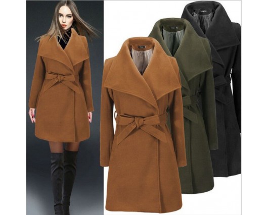 Lapel Winter Plain Regular Polyester Long Sleeve Belt Lace-up Coat