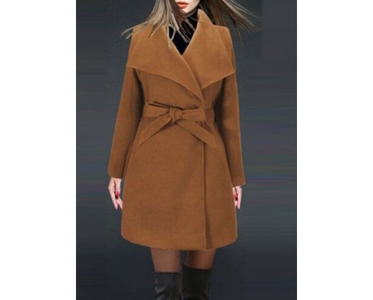 Long Sleeve Belt Polyester Fall Plain Lace-up Lapel Winter Coat