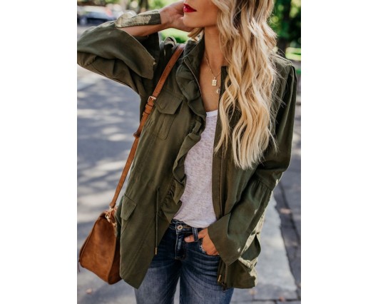 Spring Micro-Elastic Casual Zipper No Long Sleeve Flare Sleeve Polyester Trench Coats