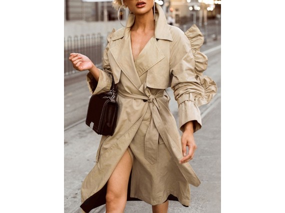 Inelastic Thin Yes Cotton No Long Sleeve Lapel Lace-up Trench Coats