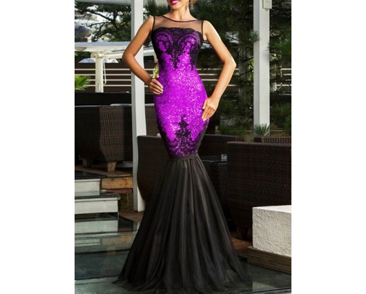 Mermaid No Pullover Floor-Length Round Neck See-Through Mesh Single Dress