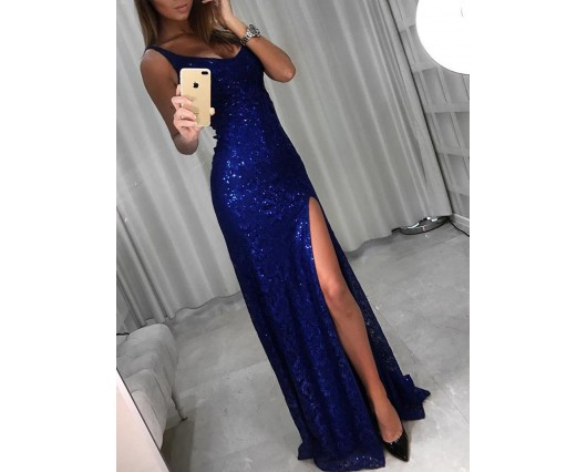 Sheath Summer Floor-Length Spring Round Neck Sequins No Spaghetti Strap Dress